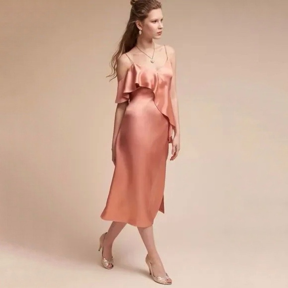 AMUR Selena Peach Satin Ruffle Midi Slip Dress Size 0